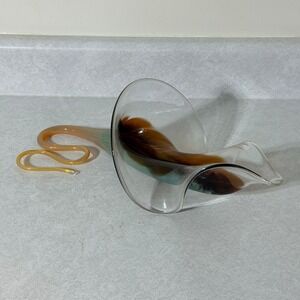 Signed Studio Art Murano Glass Sculpture Amber Teal Clear Hand Blown Horn 2012